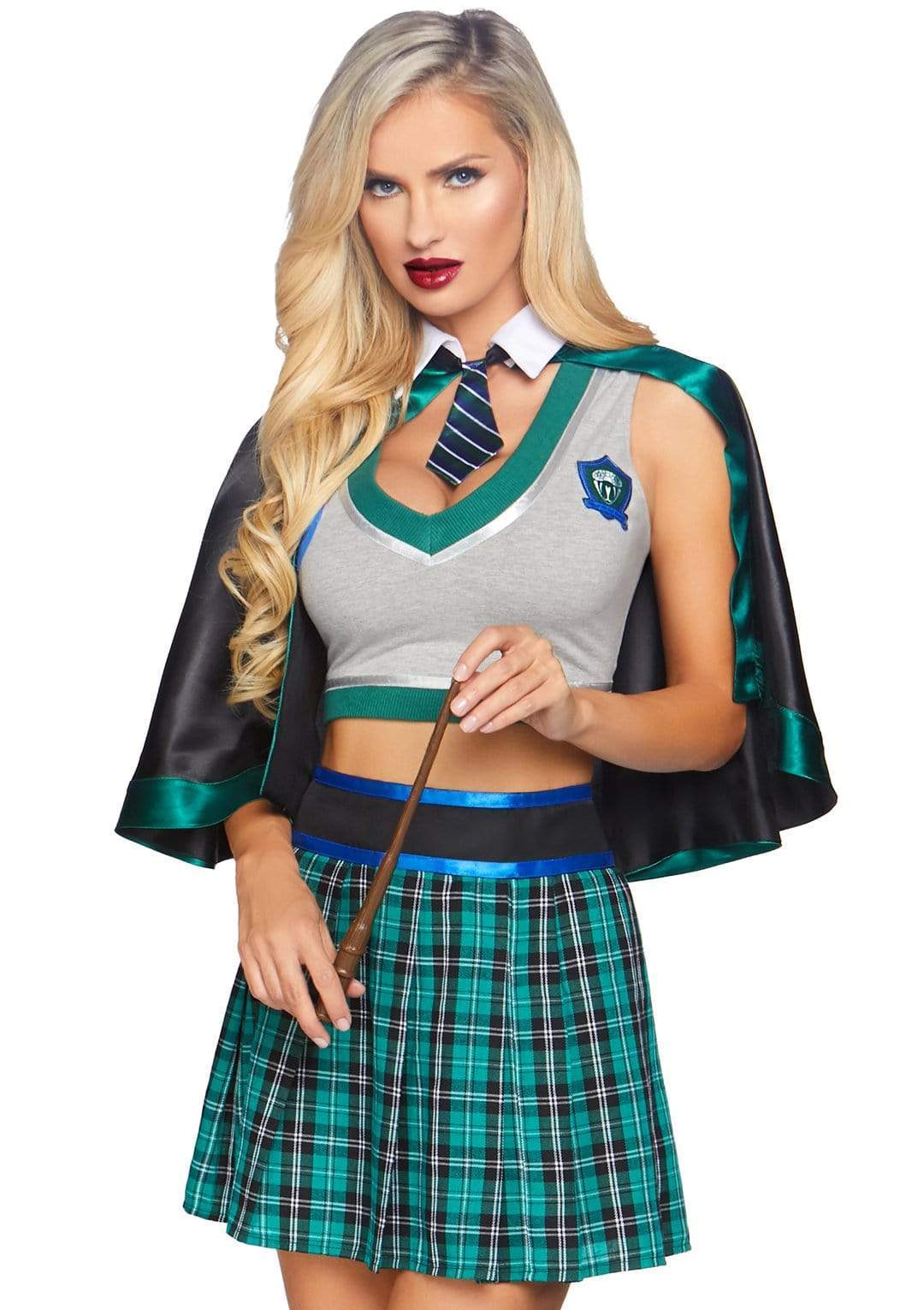 Spellcaster School Girl Plunging Vest and Plaid Skirt and Cape with Attached Tie