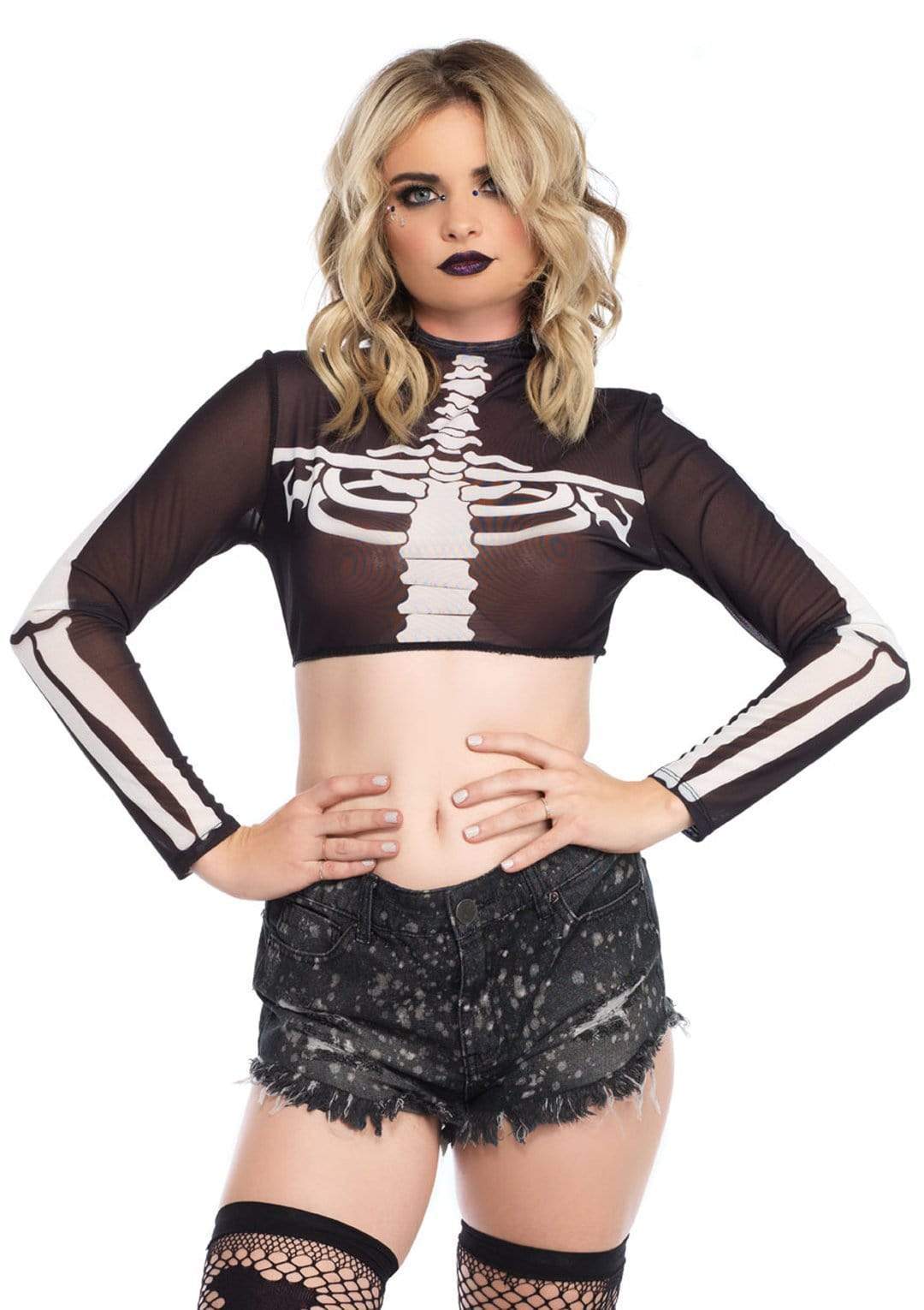 Skeleton High Neck Long Sleeve Mesh Zipper Back Crop Top