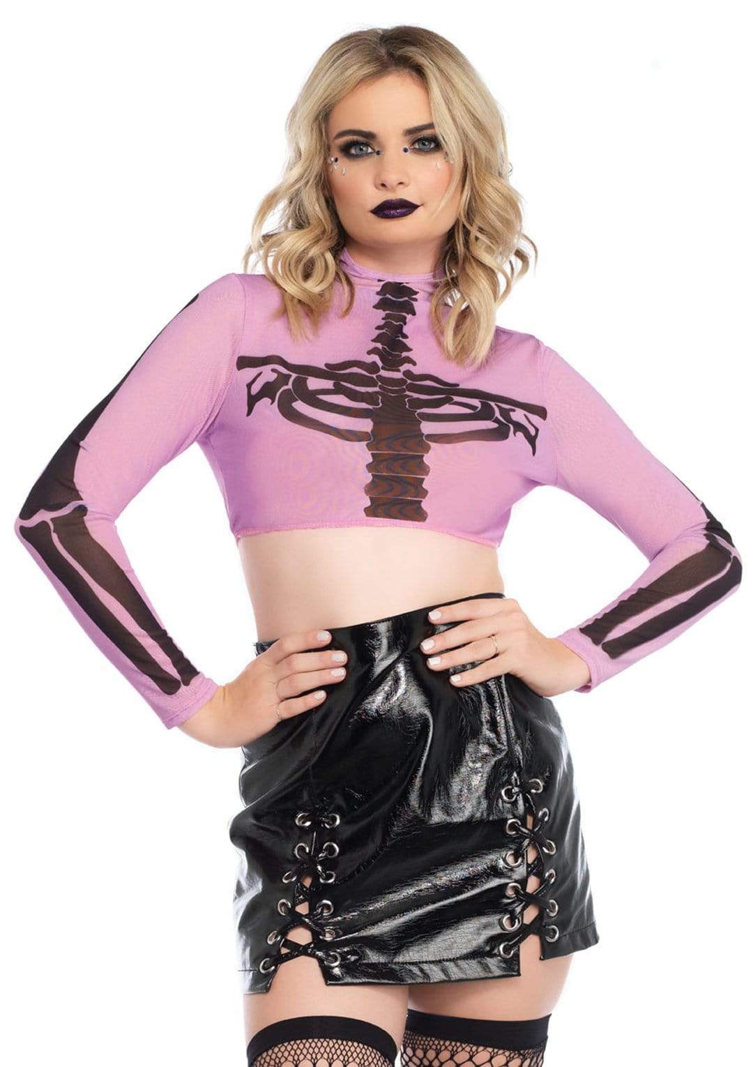 Skeleton High Neck Long Sleeve Mesh Zipper Back Crop Top