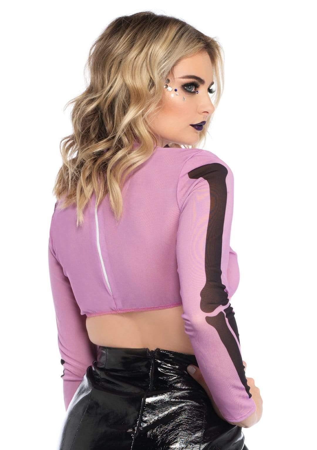 Skeleton High Neck Long Sleeve Mesh Zipper Back Crop Top