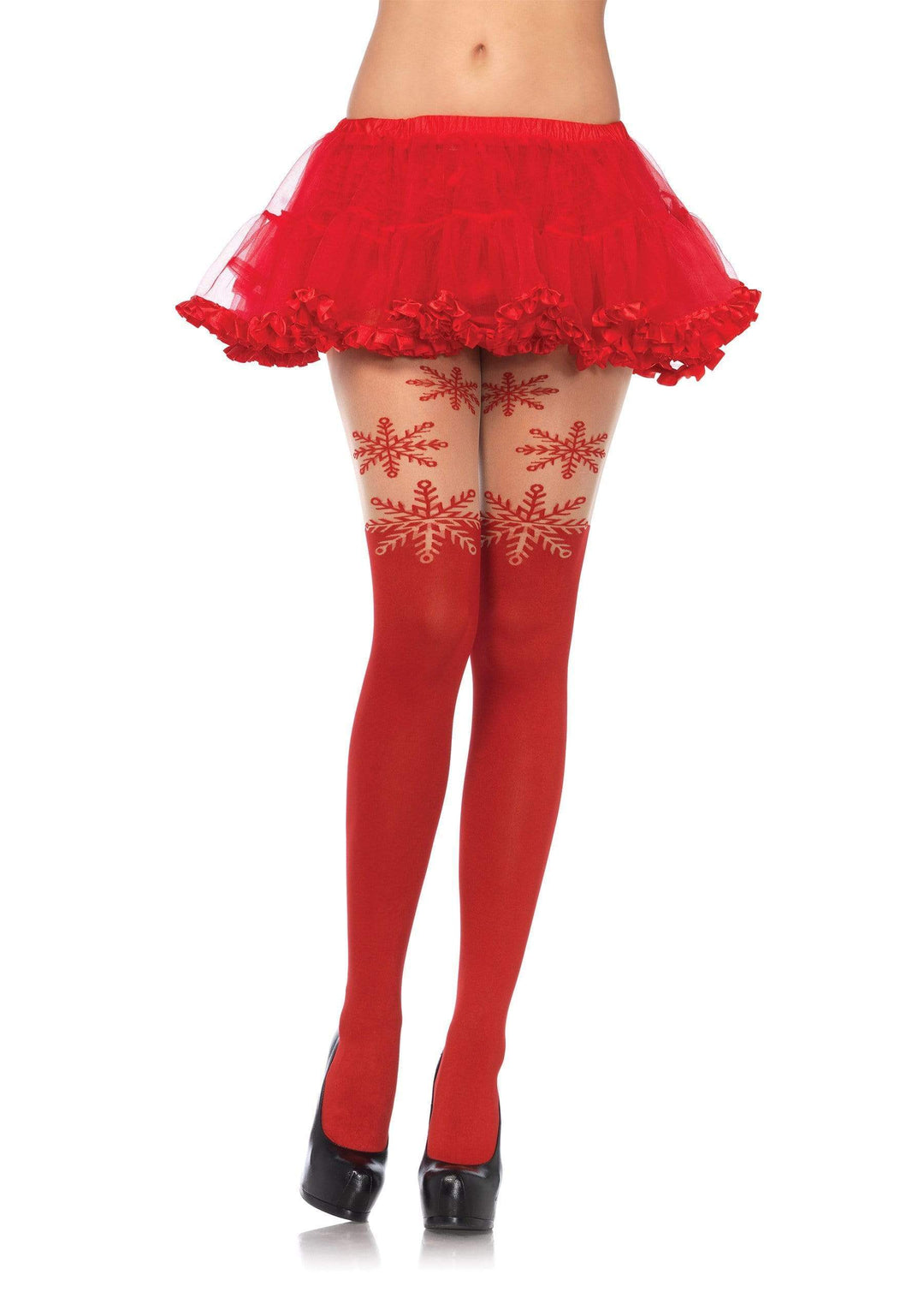 Red Opaque Pantyhose with Snowflake Thigh Accent