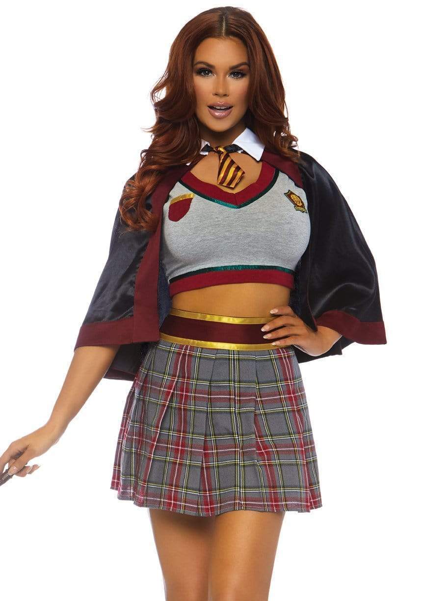 Spellcaster School Girl Plunging Vest and Plaid Skirt and Cape with Attached Tie