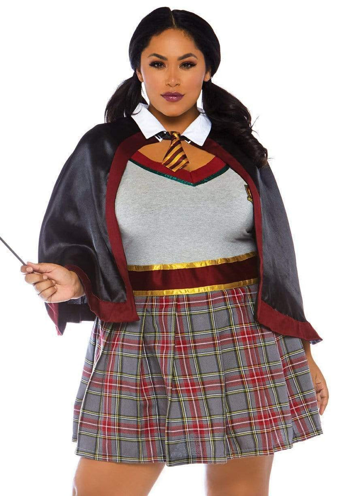 Spellcaster School Girl Plus Plunging Vest and Plaid Skirt and Cape with Attached Tie