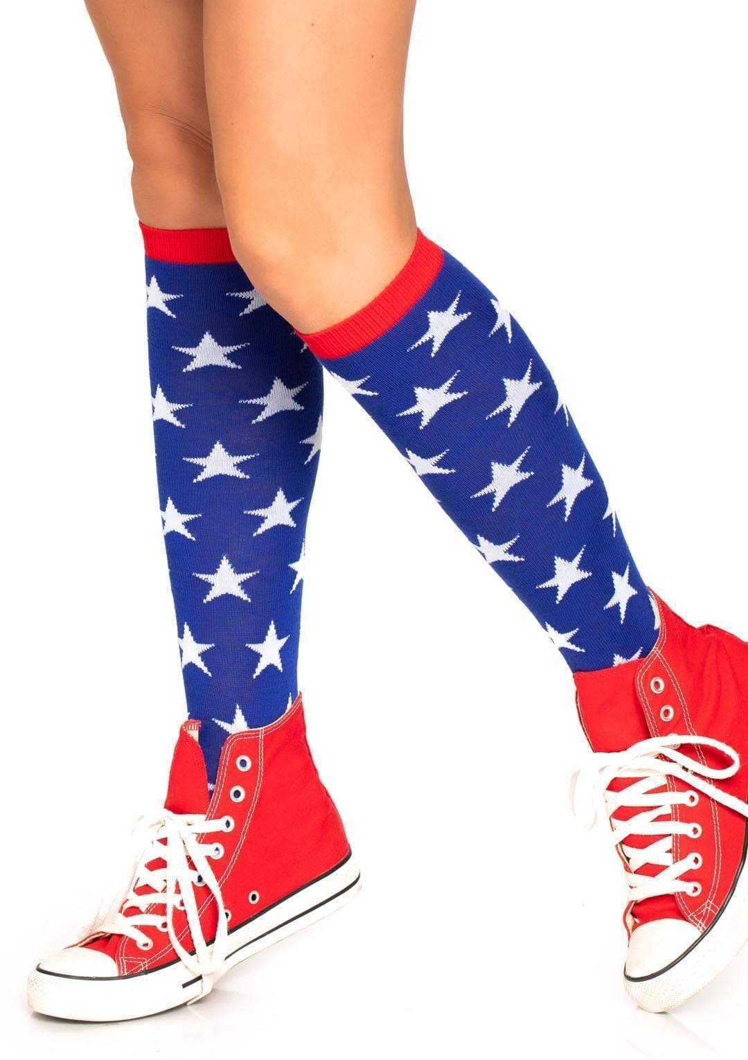 Blue Knee High Socks with White Stars and Red Trim