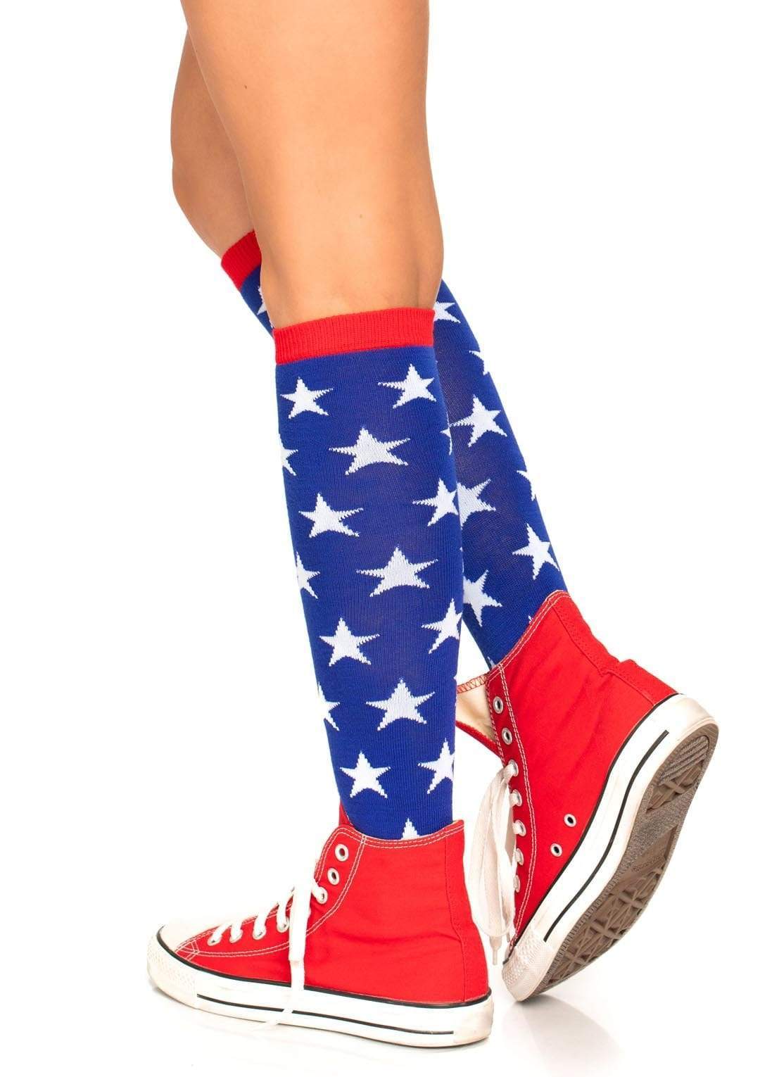 Blue Knee High Socks with White Stars and Red Trim