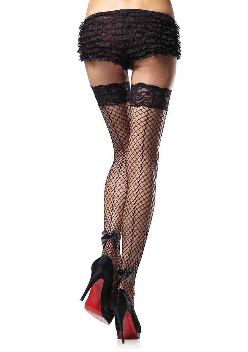 Back Seam Fishnet Thigh Highs with Stay Up Lace Top and Bow