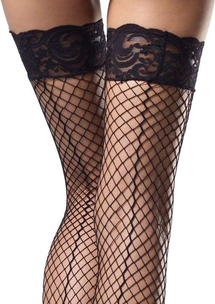 Back Seam Fishnet Thigh Highs with Stay Up Lace Top and Bow