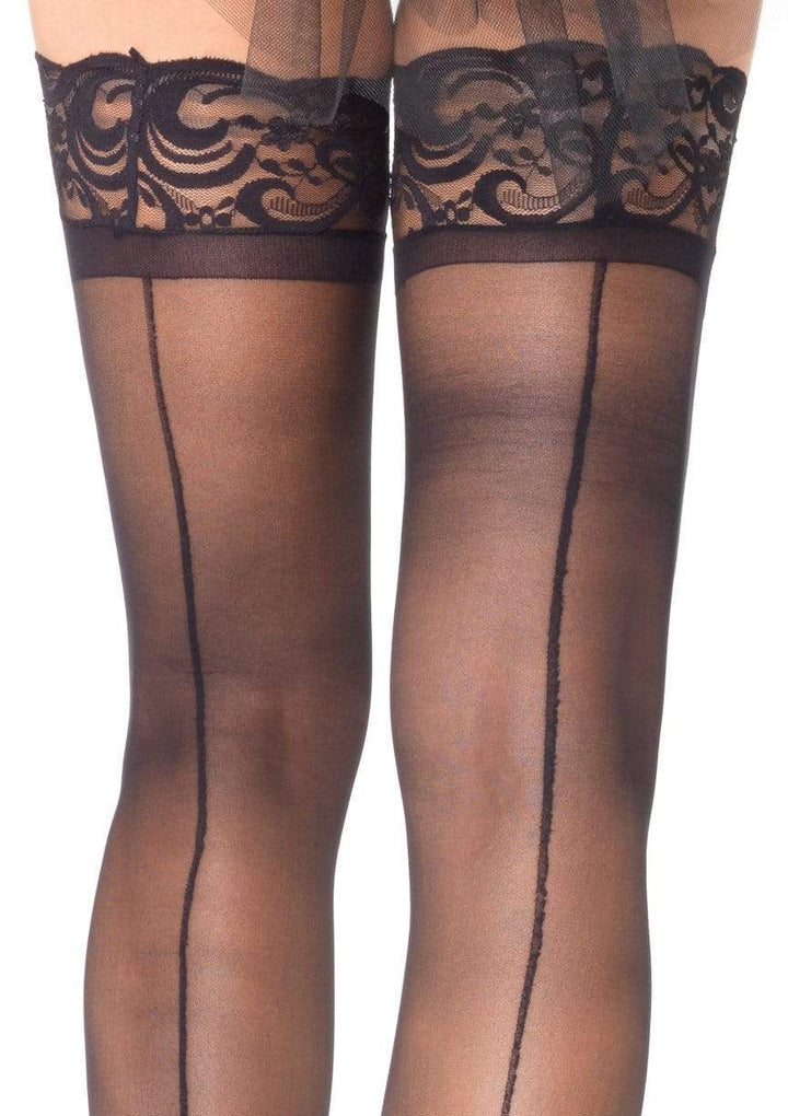 Sheer Back Seam Thigh Highs with Lace Stay Up Top