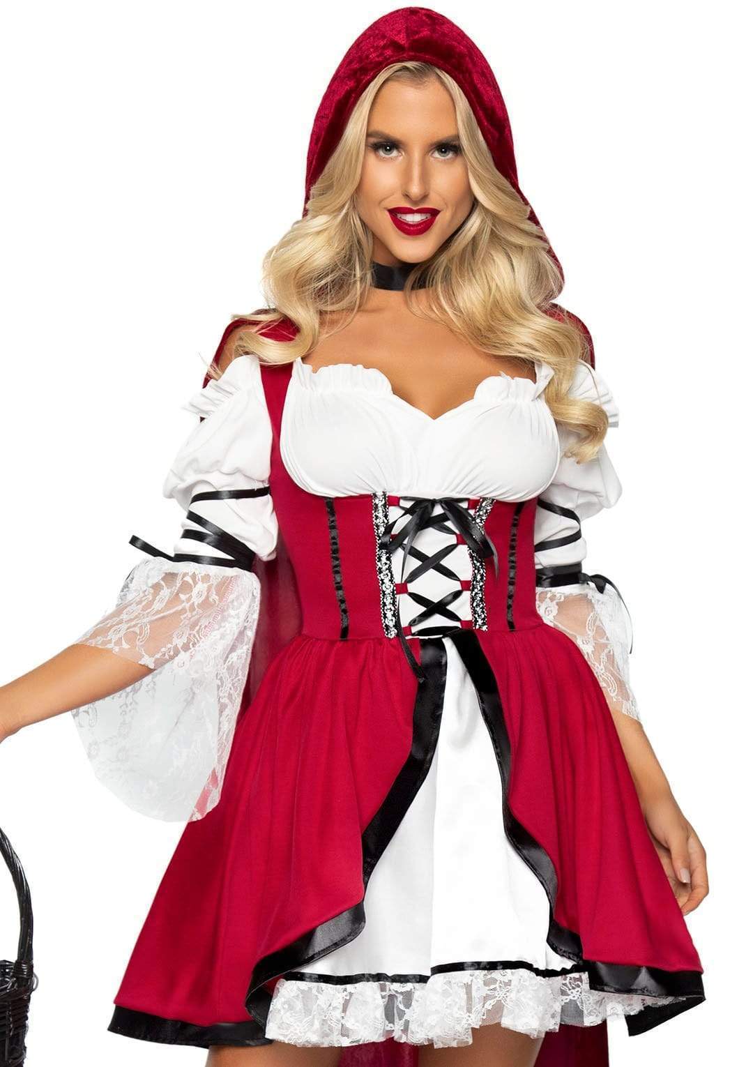 Storybook Red Riding Hood Lace Trimmed Peasant Dress and Attached Cape