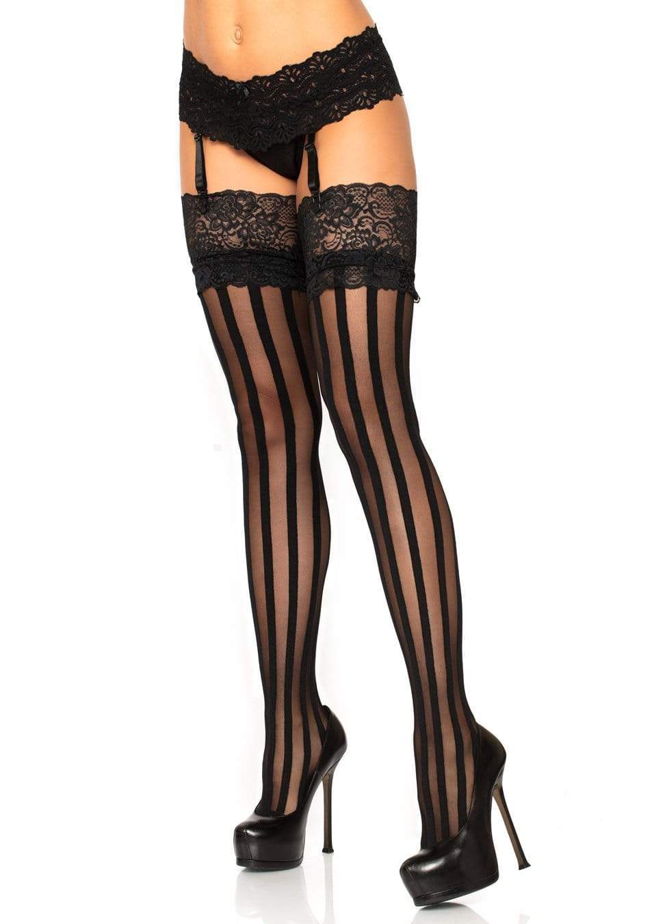 Sheer Black Striped Thigh Highs with Lace Stay Up Top