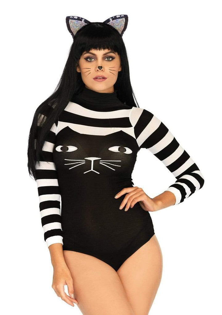 Sexy Semi-Sheer Striped Cat Bodysuit with Snap Crotch