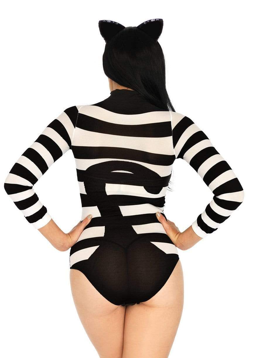 Sexy Semi-Sheer Striped Cat Bodysuit with Snap Crotch