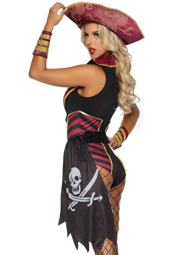 Sultry Swashbuckler Brocade Trim Bodysuit with Flag Belt and Brocade Pirate Hat