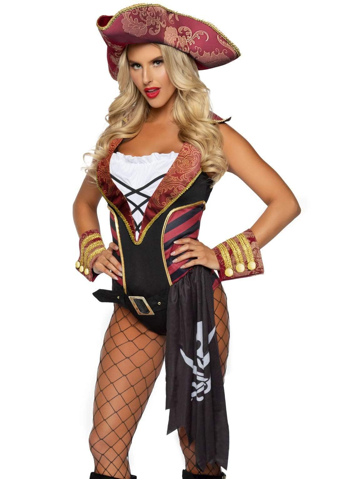 Sultry Swashbuckler Brocade Trim Bodysuit with Flag Belt and Brocade Pirate Hat