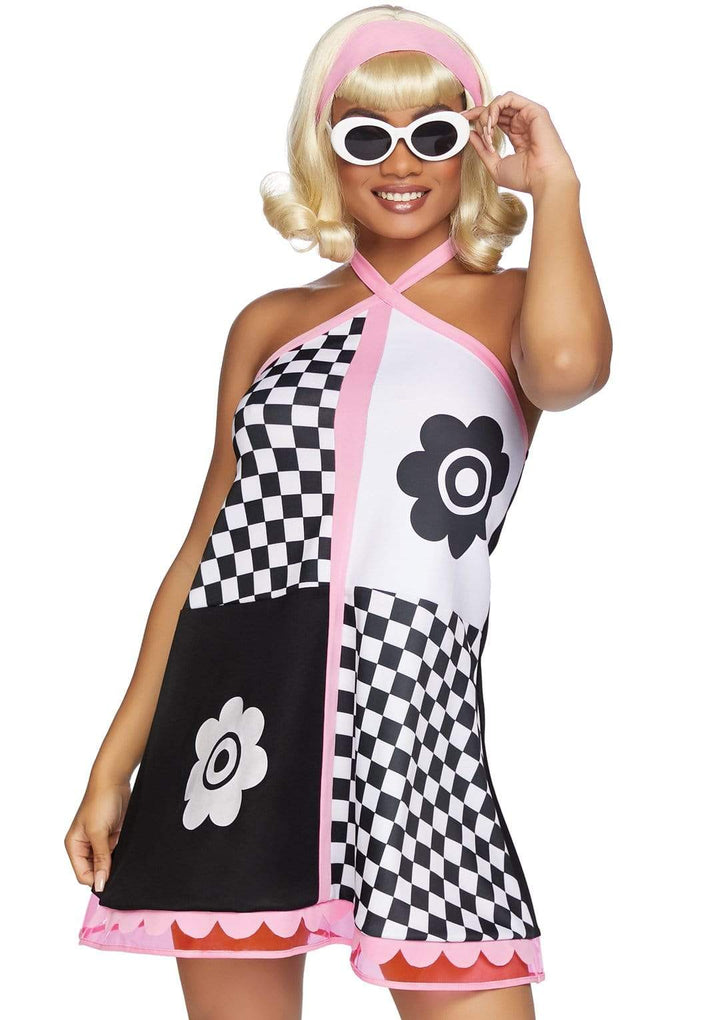 60's GoGo Vinyl Trimmed Bell Dress with Headband and Groovy Glasses