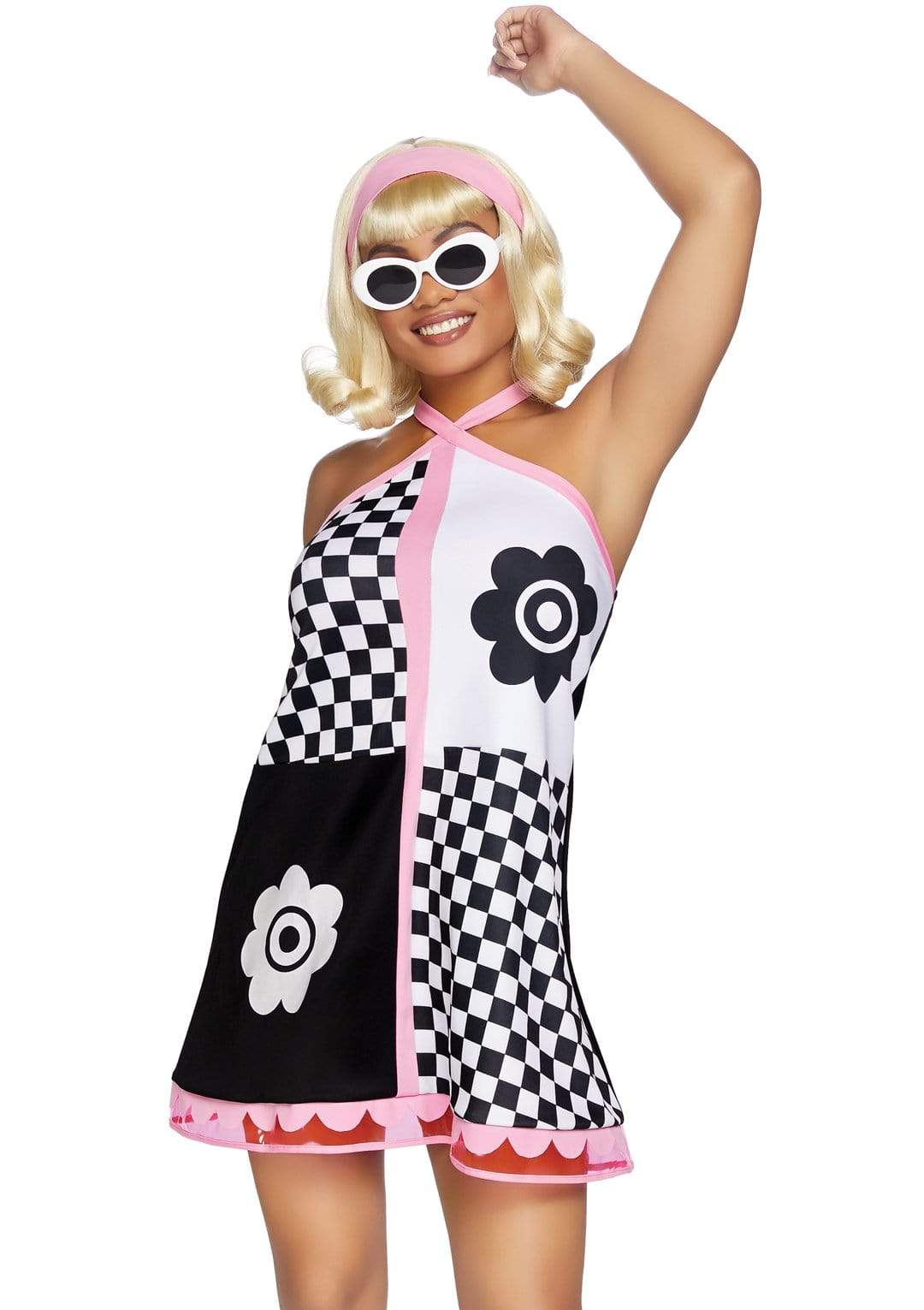 60's GoGo Vinyl Trimmed Bell Dress with Headband and Groovy Glasses