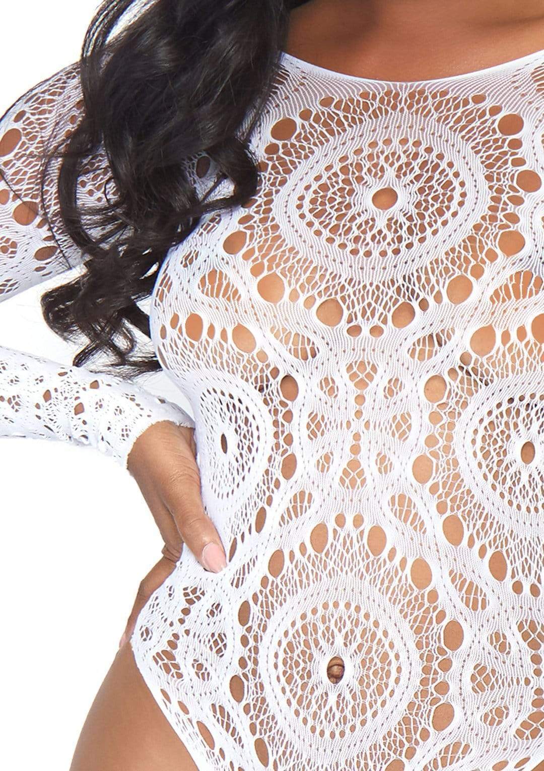 Crochet Lace Long Sleeve Thong Bodysuit with Snap Crotch