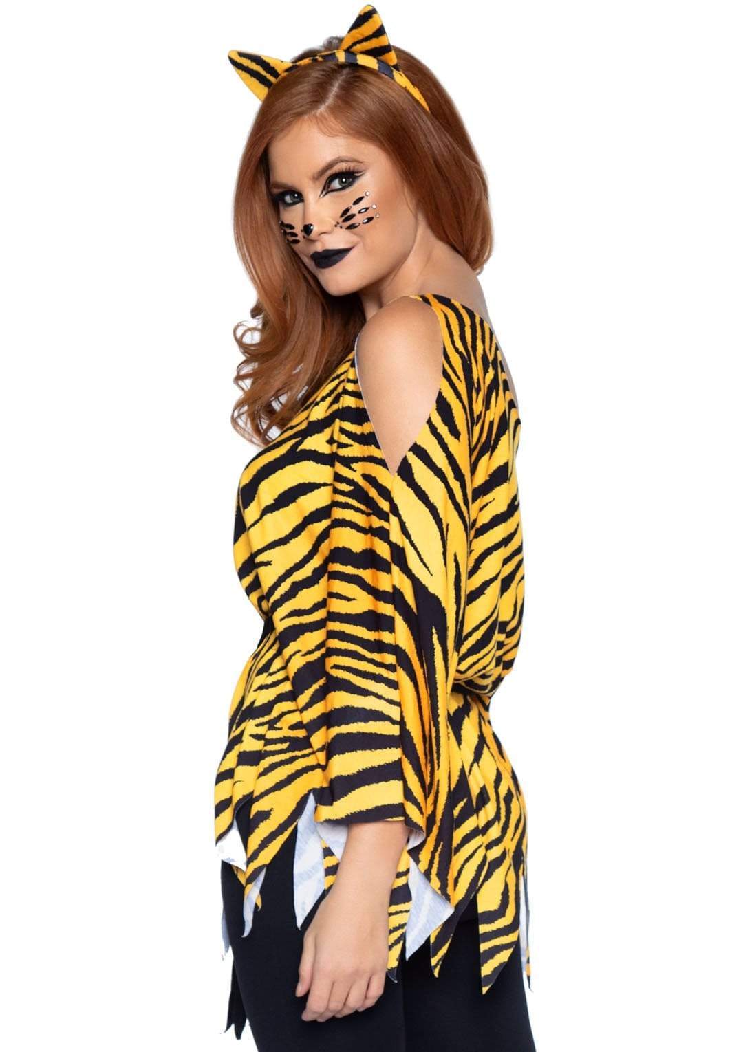 Tiger Cold Shoulder Poncho with Ear Headband