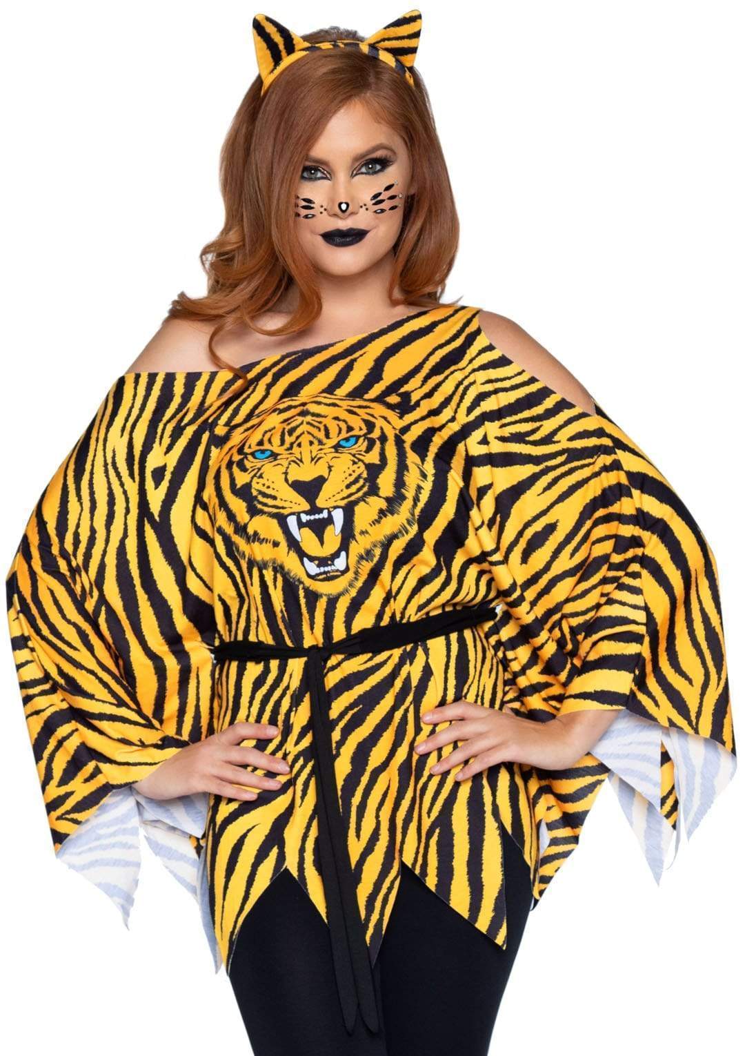 Tiger Cold Shoulder Poncho with Ear Headband