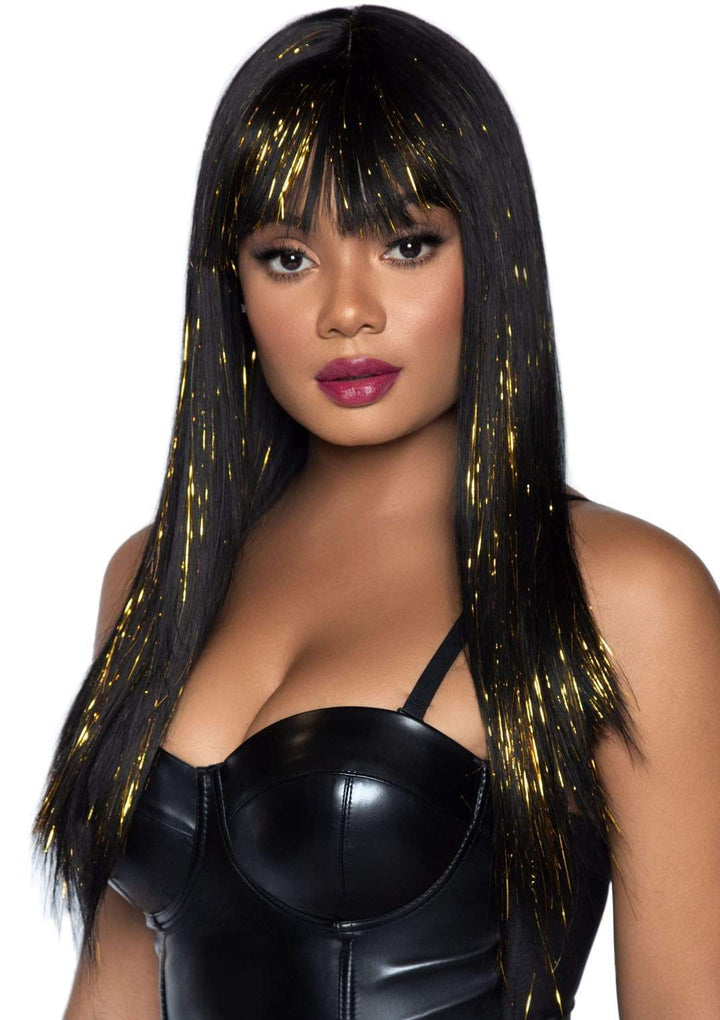 24” Long Straight Black Wig with Gold Tinsel and Bangs