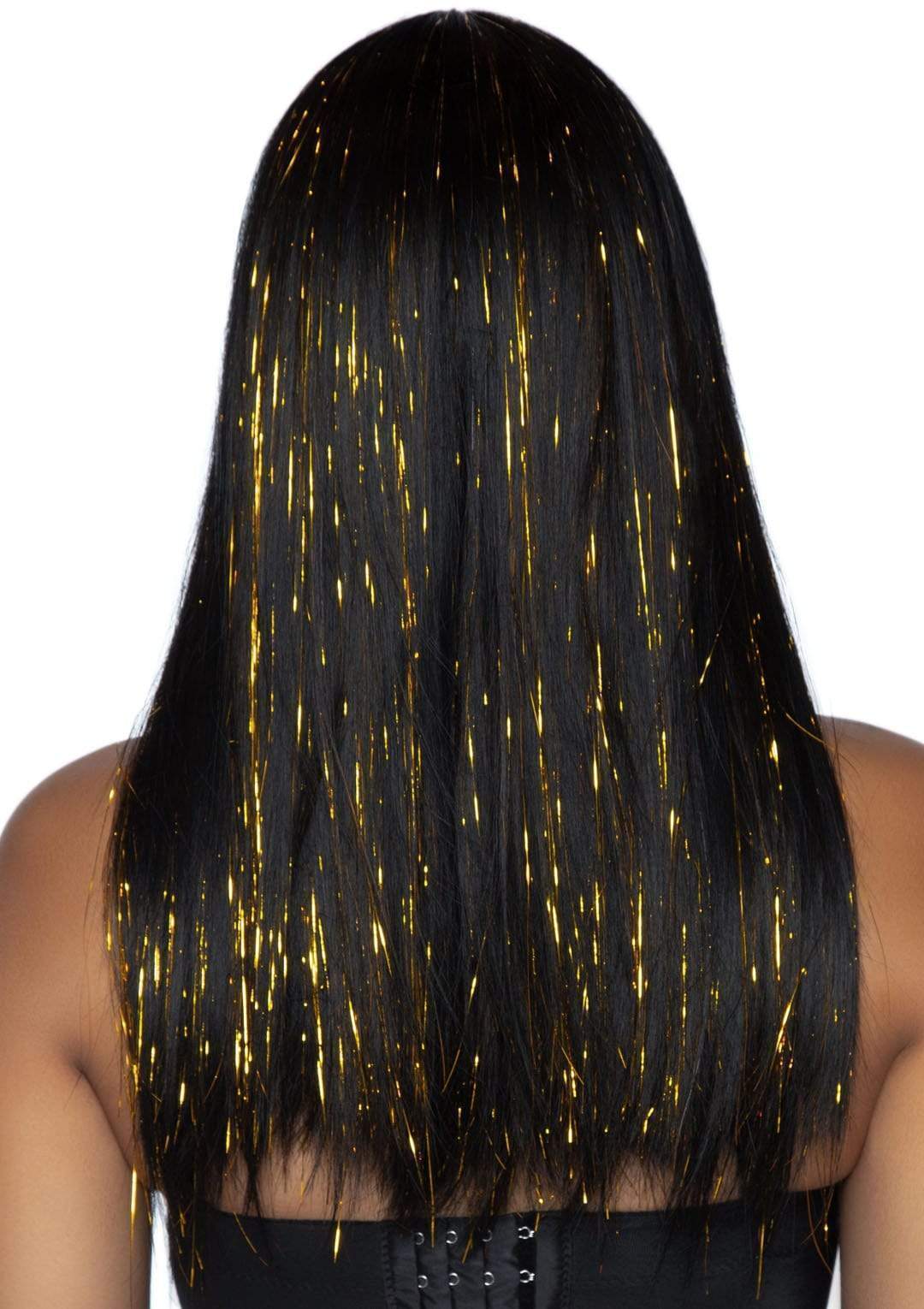 24” Long Straight Black Wig with Gold Tinsel and Bangs