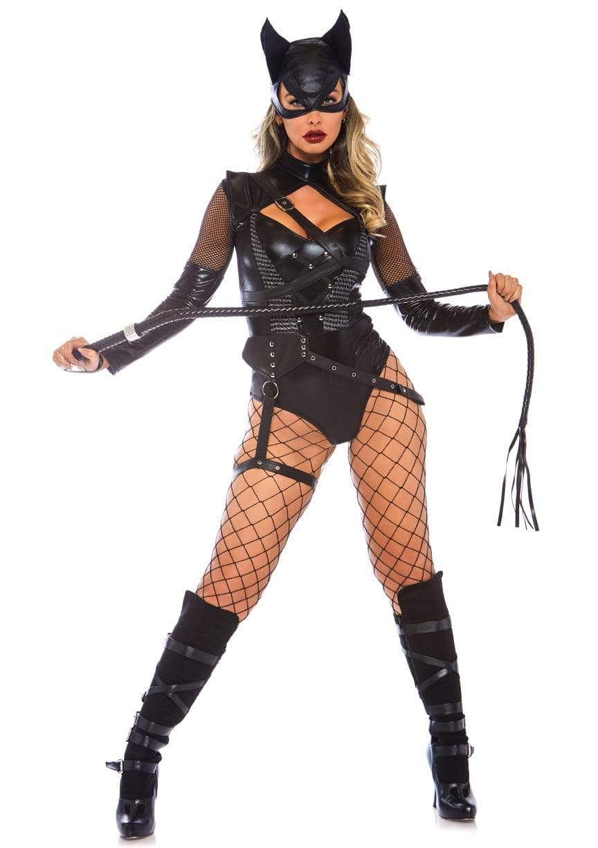 Vixen Cat Strappy Spandex Bodysuit with Attached Garter and Hooded Mask