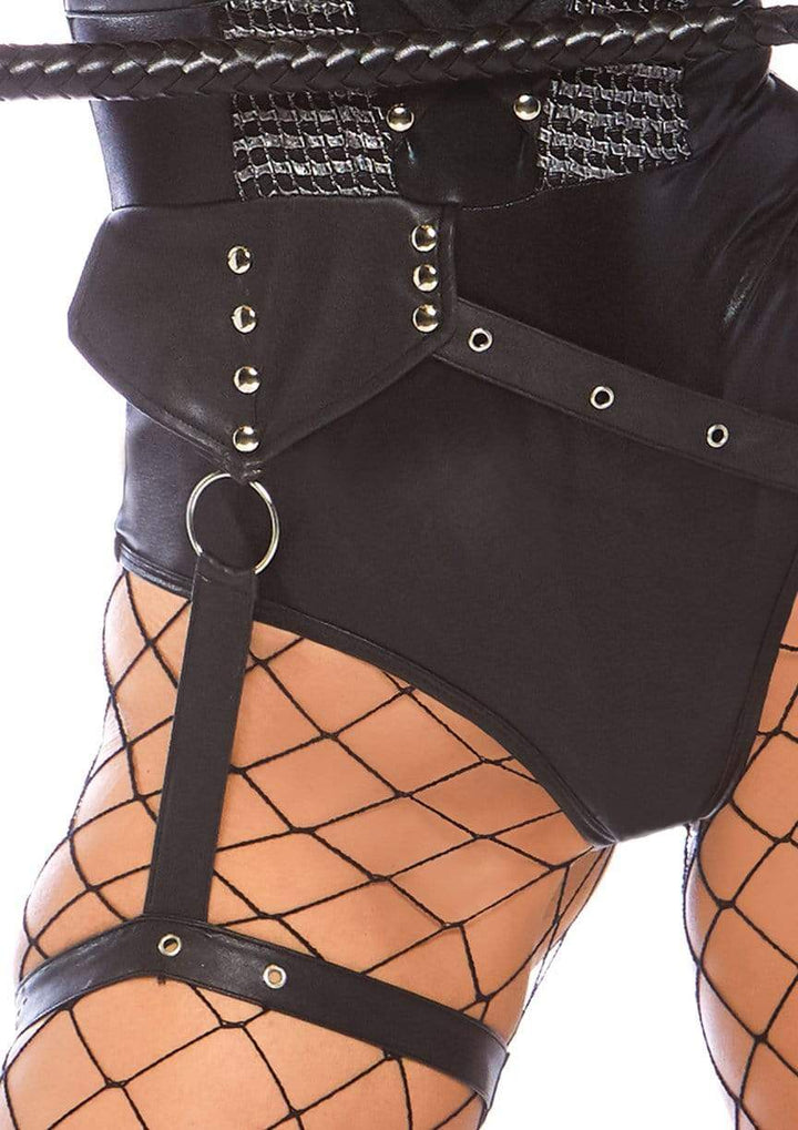 Vixen Cat Strappy Spandex Bodysuit with Attached Garter and Hooded Mask