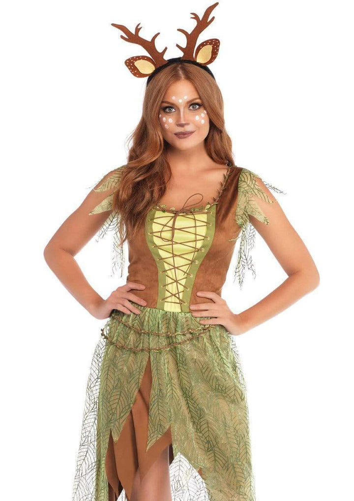 Woodland Fawn Lace Up Bodice with Sheer Leaf Skirt and Antler Headband
