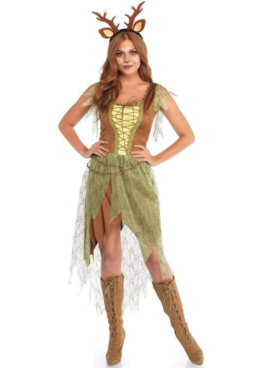 Woodland Fawn Lace Up Bodice with Sheer Leaf Skirt and Antler Headband
