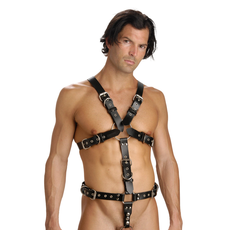 Strict Leather Body Harness with Cock Ring - Medium Large - PH106-ML - UPC-811847019762
