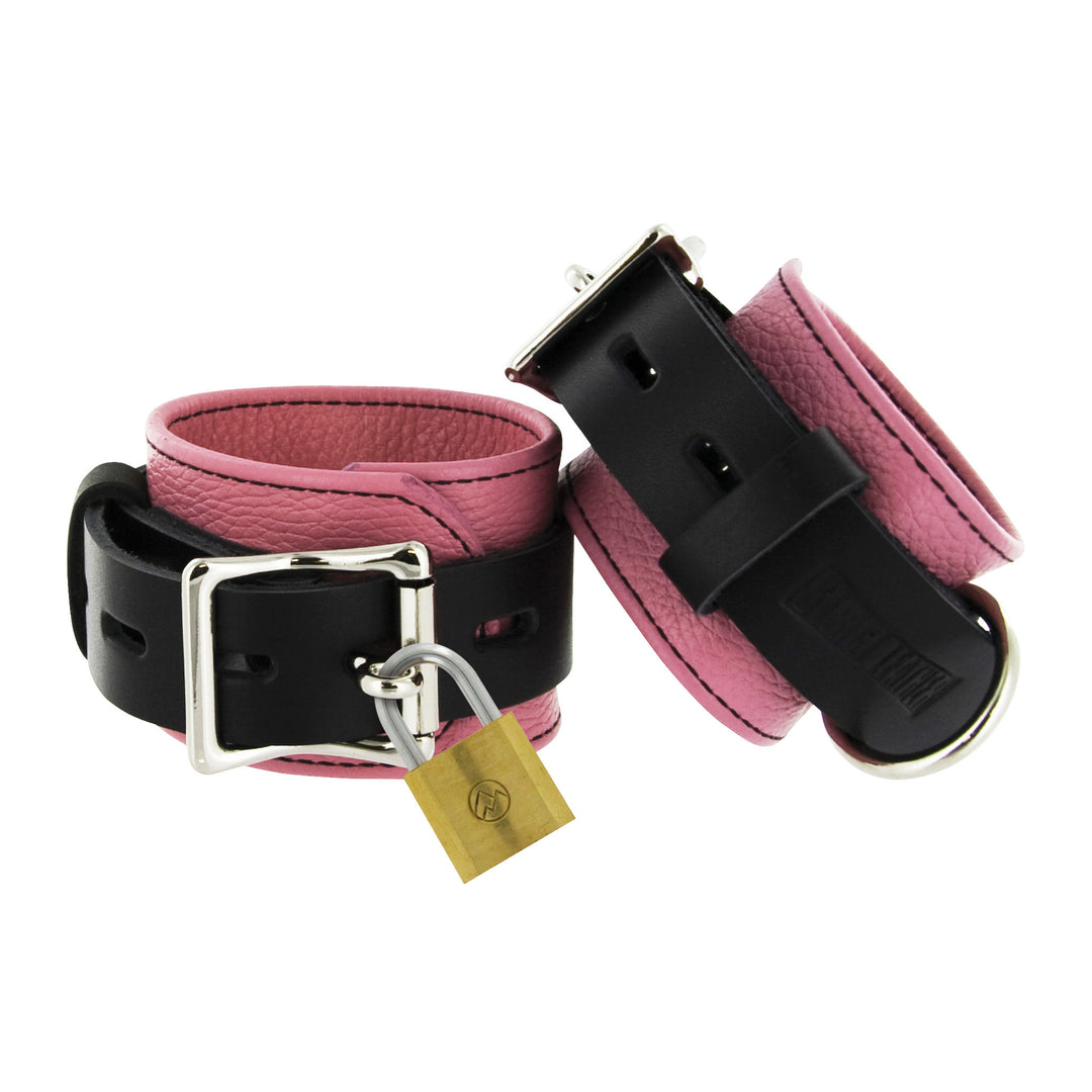 Strict Leather Pink and Black Deluxe Locking Wrist Cuffs - SL214-Wrist - UPC-811847012350